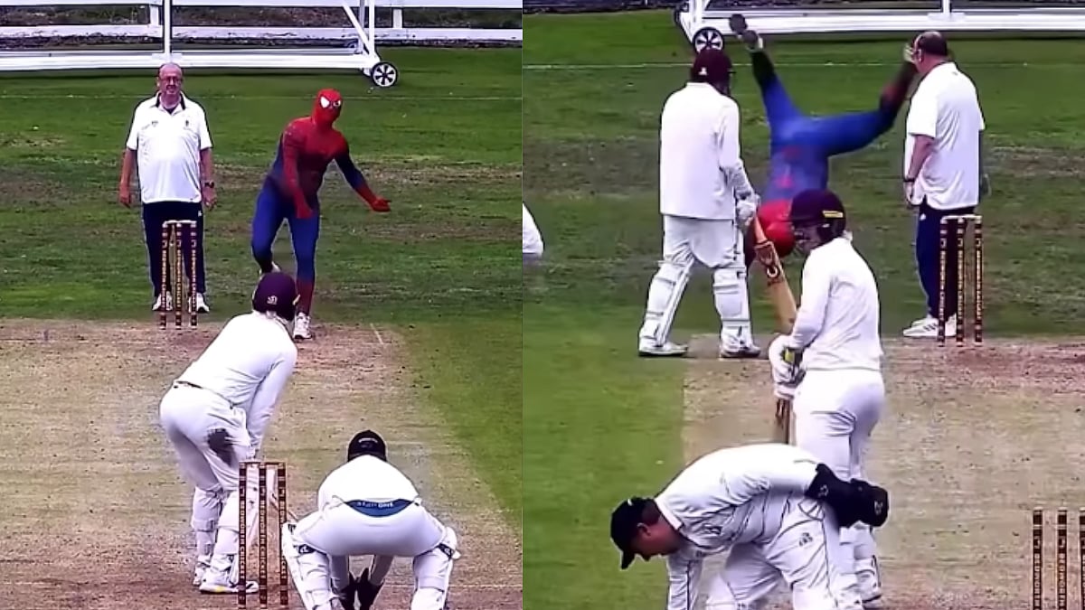 Spider-Man Takes Over Cricket! Mysterious Bowler Wearing Spidey Suit Dismisses Batter Before Pulling Off Insane Cartwheel | Video