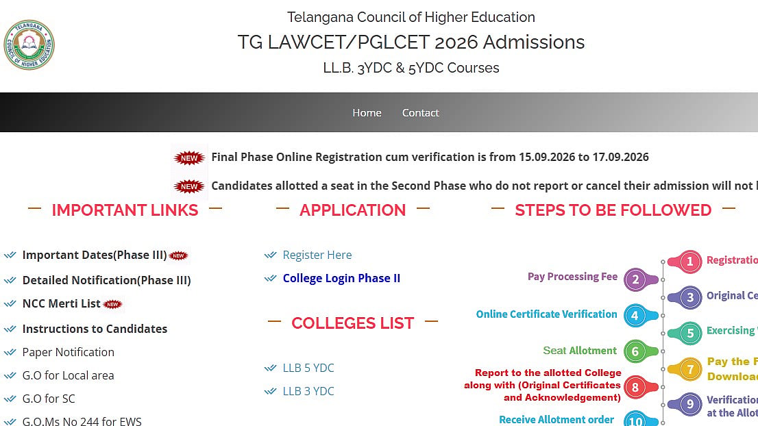 TS LAWCET 2026 Counselling Final Phase Registration Begins For 3-Year, 5-Year LL.B Today At lawcetadm.tgche.ac.in; Check Schedule, Eligibility, & Fees Here