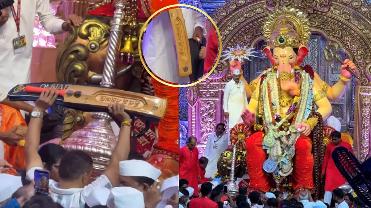 Cricket Meets Devotion! Devotee Gifts Bat Inscribed With 'Lalbaugcha Raja' To Mumbai's Beloved Ganpati Bappa | Video