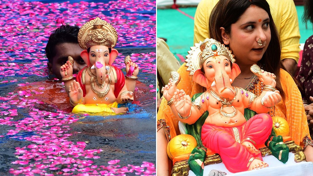 A volunteer immerses Lord Ganesha idol in an artificial pond during the one-and-half day Ganpati immersion, at Dadar, in Mumbai on Tuesday, 15 September 2026