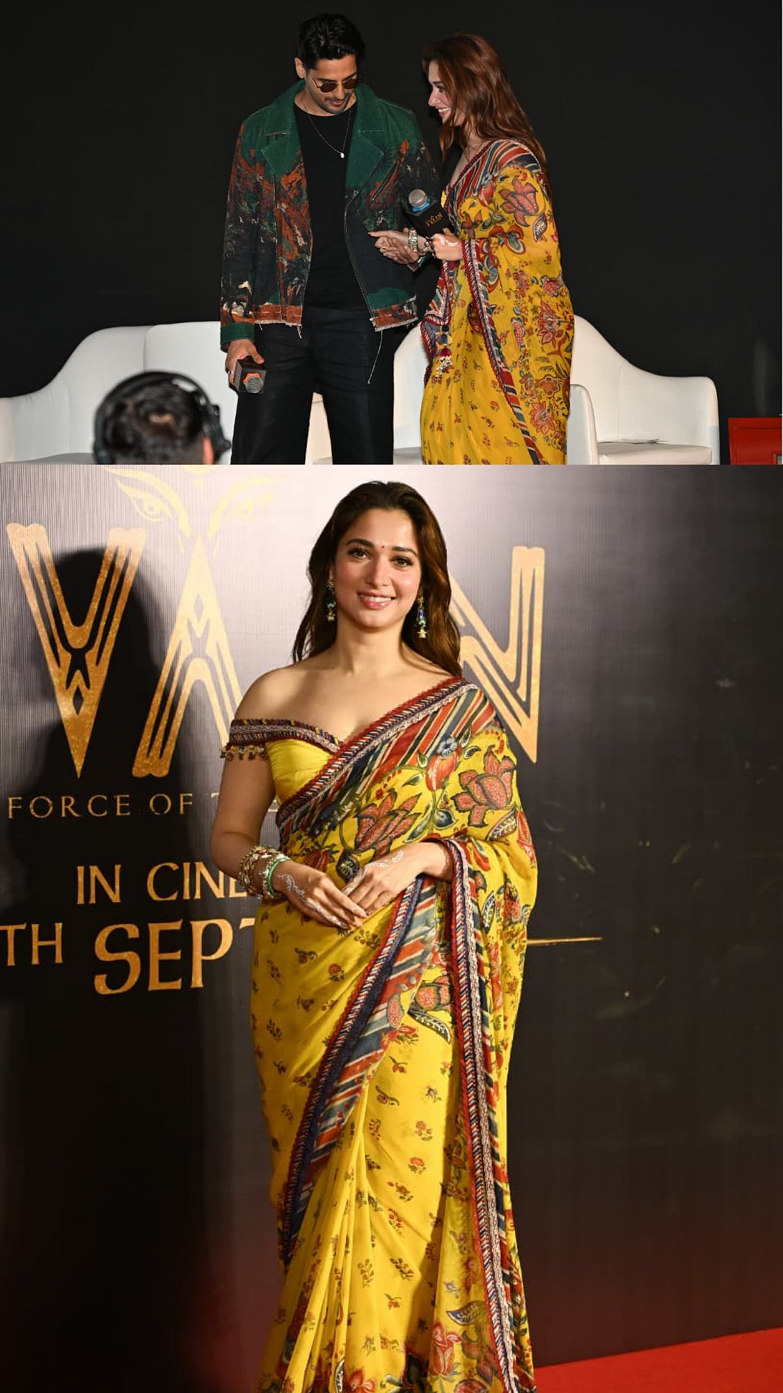 Tamannaah Bhatia Shows Off Her Custom Georgette Saree & Sleek Off-Shoulder Blouse At Vvan Trailer Launch