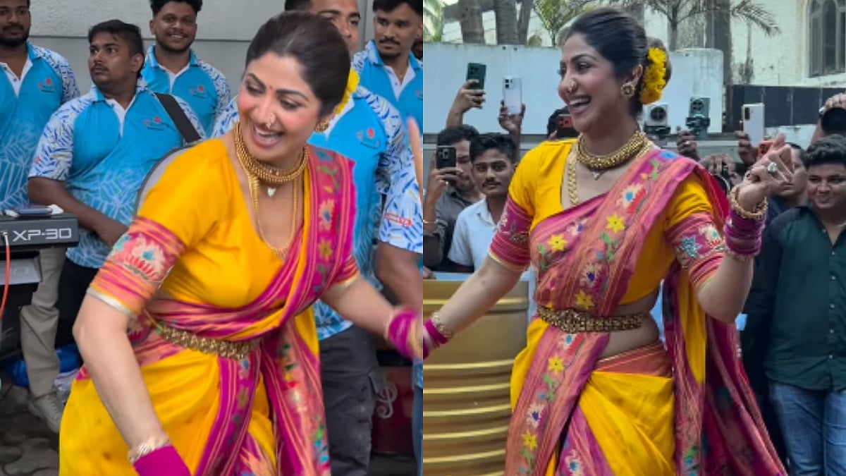 WATCH: Shilpa Shetty Beats Dhol In Traditional Maharashtrian Style Nauvari Saree During Ganesh Visarjan At Her Home