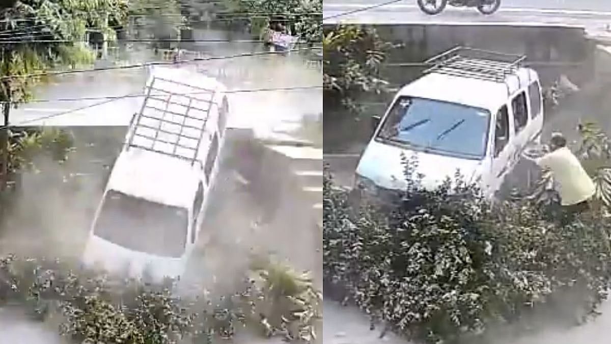 WATCH: Ghaziabad School Van Crashes Through Tree, Falls 5 Feet Onto Service Lane; CCTV Footage Viral