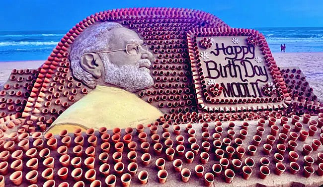 PM Modi Turns 76: Sudarsan Pattnaik Creates 25-Ft Sand Installation Of The Prime Minister With Thousands Of Mud Tea Cups
