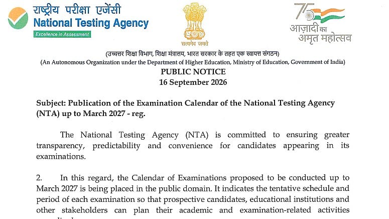NTA Exam Calendar 2026-27 Released At nta.ac.in; JEE Main, UGC NET, CUET PG, CMAT Dates Out