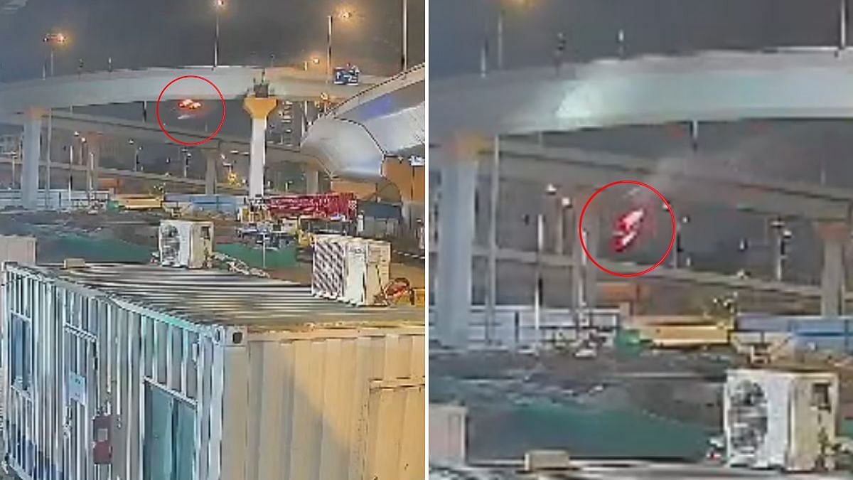 Mumbai Coastal Road Crash: CCTV Captures Speeding BMW Ramming Railing Before Plunging Off Flyover, Flipping Several Times Mid-Air; 3 Killed