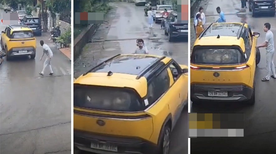 Car Hits Father-Daughter Duo On Bike In Bhopal; Angry Man Smashes Vehicle Windshields With Stones | VIDEO