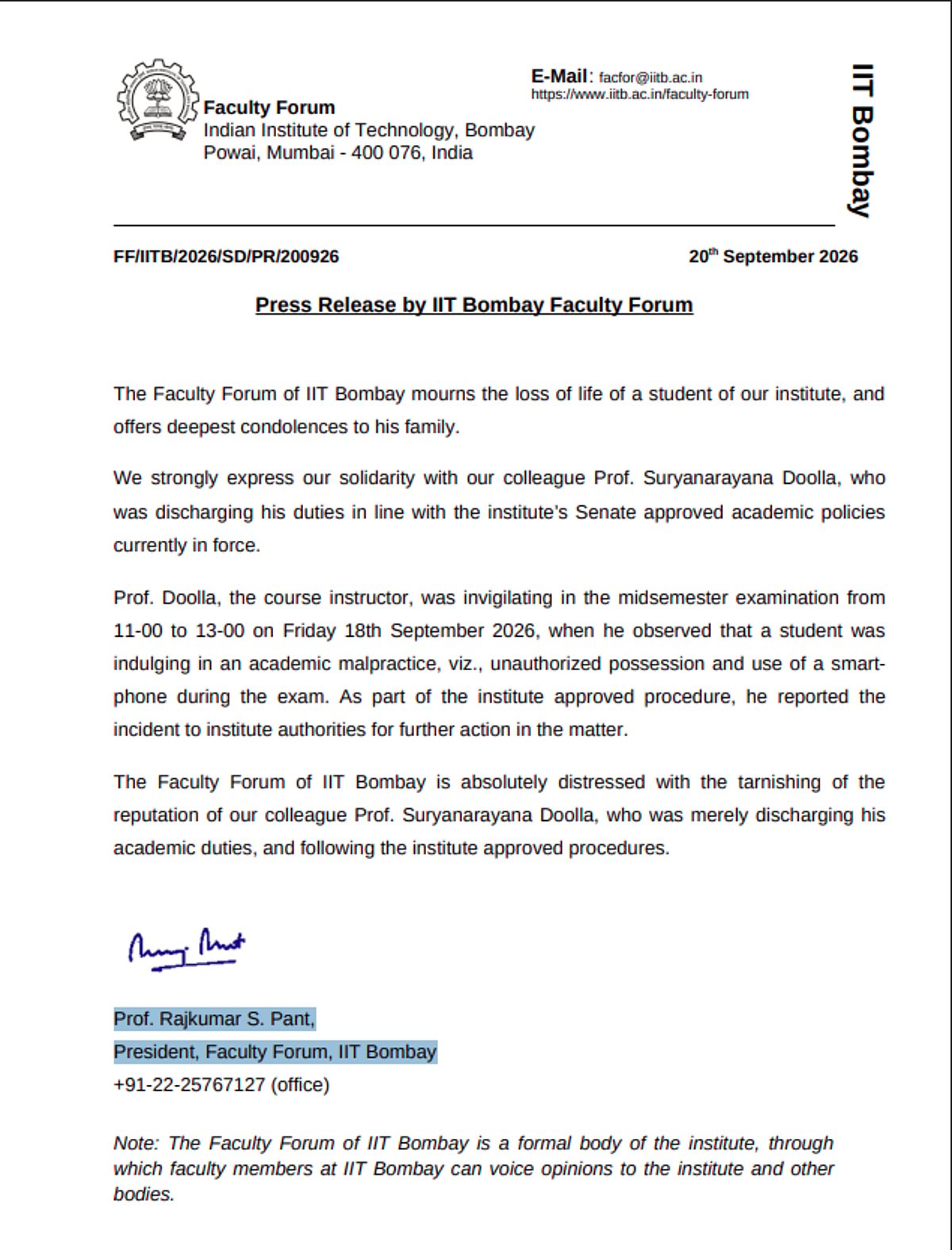 IIT Bombay Faculty Forum statement
