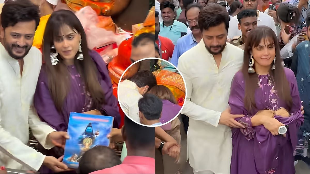 Genelia, Riteish Deshmukh Visit Mumbai's Lalbaugcha Raja 2026 Barefoot Amid Huge Crowd, Actress Stuns In Purple Ethnic Look - Watch