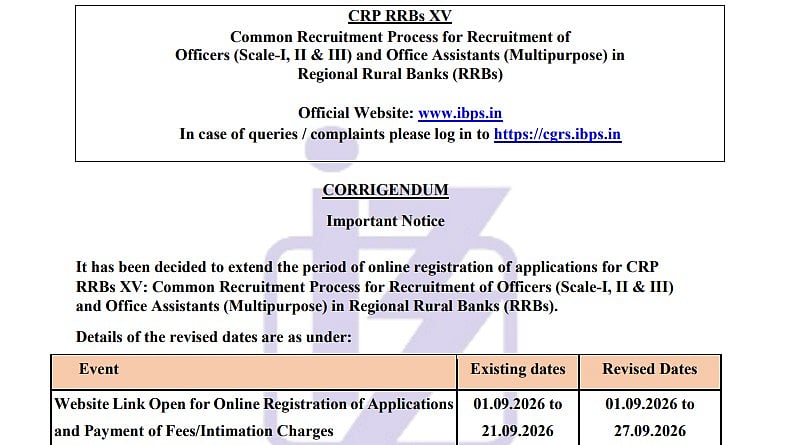 IBPS RRB XV Recruitment 2026: Application Deadline Extended To Sept 27 At ibps.in; Check Vacancies, Fees, Exam Dates