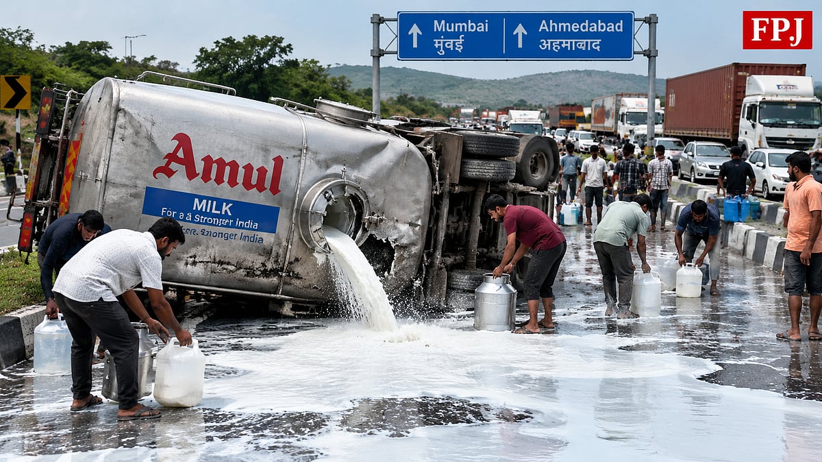 Amul Milk Tanker Overturns On Mumbai-Ahmedabad Highway In Palghar, Thousands Of Litres Milk Spilled