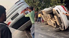 Audi overturns after collision with Toyota Glanza on 130-Metre Road in Greater Noida