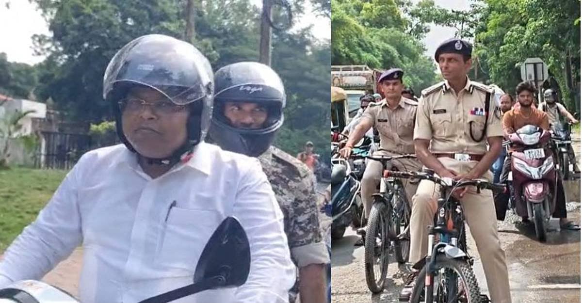 Govt staff and cops spotted on two-wheelers to observe 'No Car Day' in Indore.