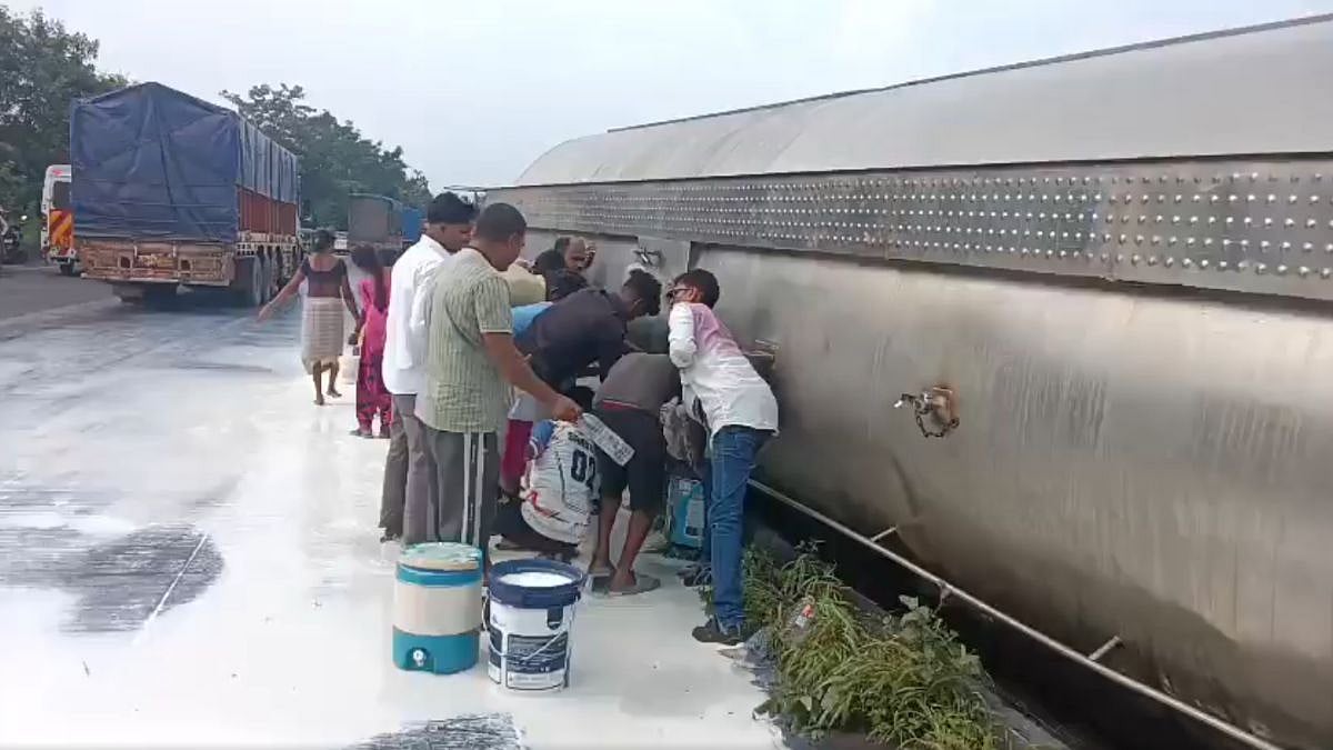 Palghar: Thousands Of Litres Of Amul Milk Spill Across Mumbai-Ahmedabad Highway After Tanker Overturns, Locals Rush To Collect | Watch