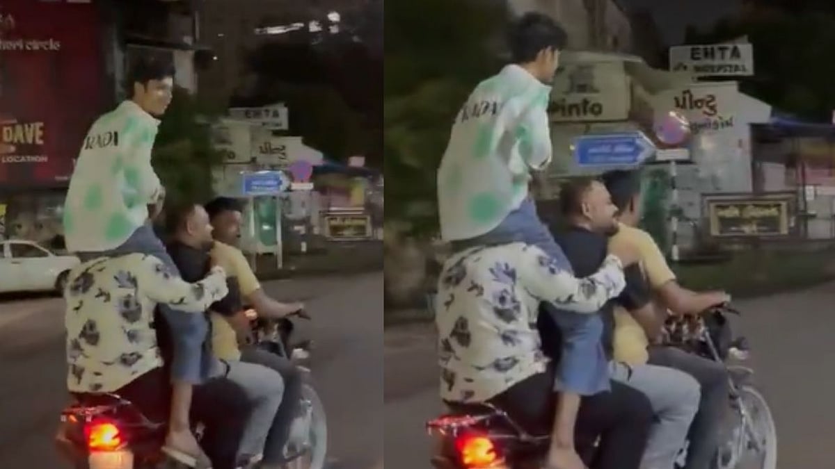 Ahmedabad Viral Video: 4 Youths Ride On Single Bike, One Sitting On Pillion Rider’s Shoulders Near Ellisbridge Police Station