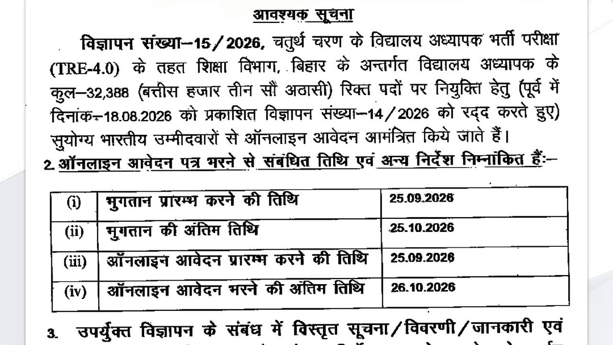 BPSC TRE 4.0 Recruitment 2026: Registration Postponed For 32,388 Teacher Posts; To Begin September 25 At bpsc.bih.nic.in