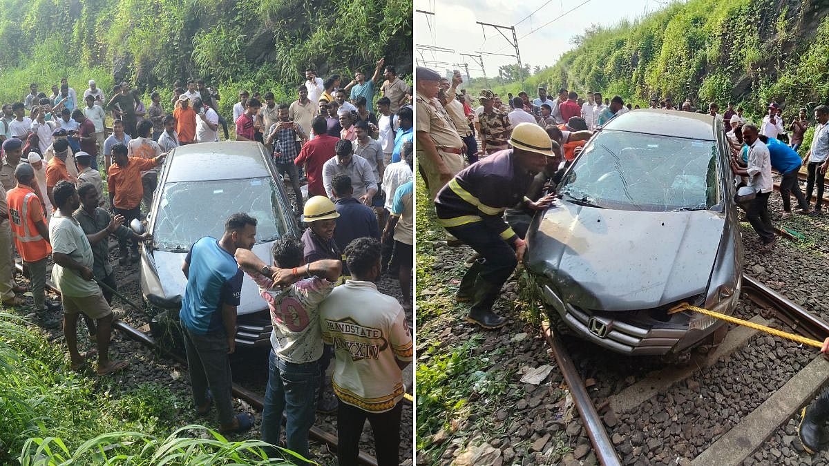 Navi Mumbai: A Driver with his Honda City Car took the plunge on railway Belapur-Uran Line near CBD Belapur Station, after the driver of the car lost control, on Thursday, 24/9/2026.