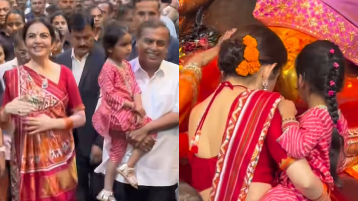 Nita Ambani Seeks Blessings At Mumbai's Lalbaugcha Raja With Mukesh Ambani In Patola Saree And Ganesh Necklace – Watch