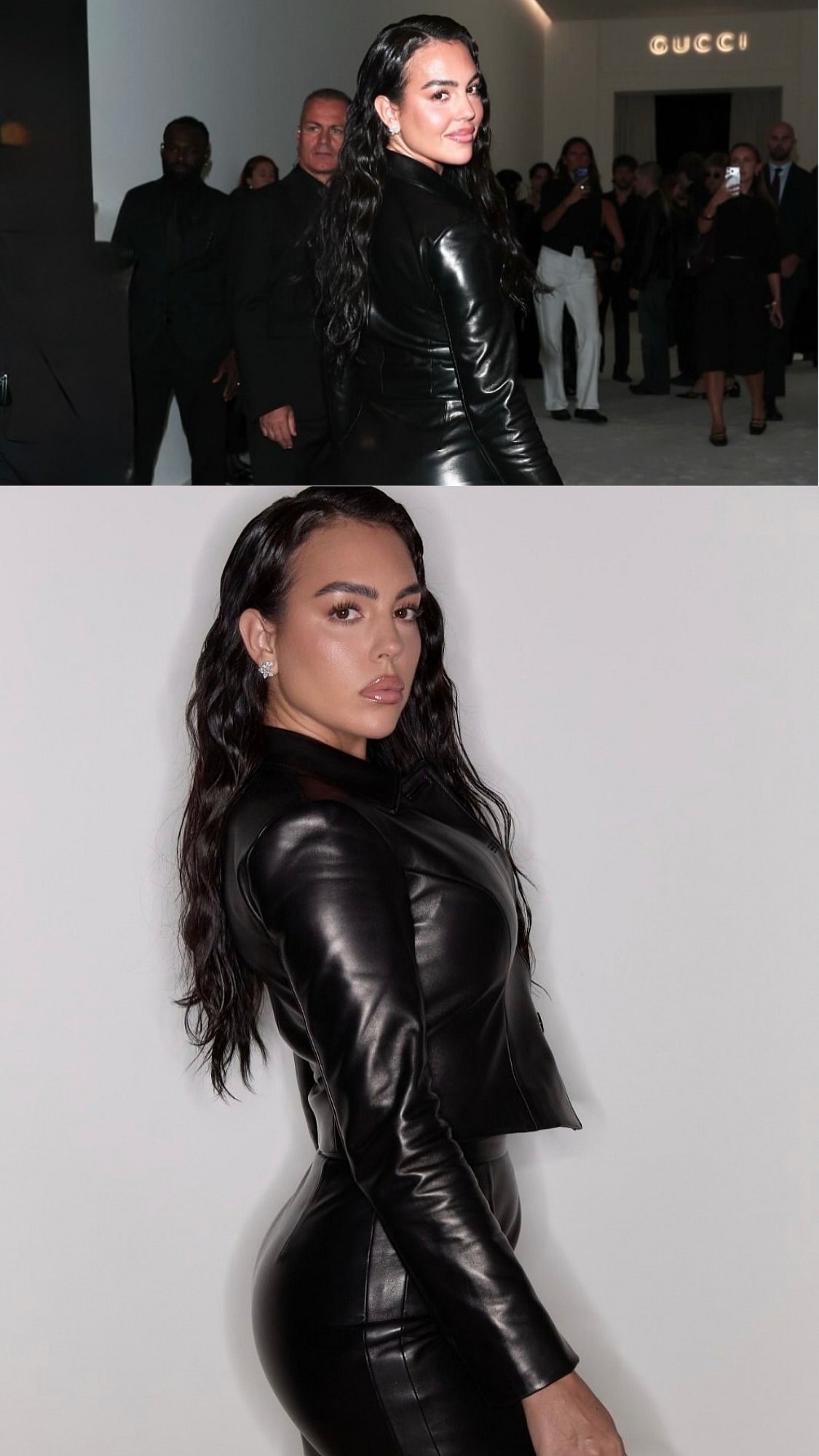 Georgina Rodríguez Makes Show-Stopping Appearance For Gucci SS27 In Black Leather Mini Skirt And Wet-Look Waves