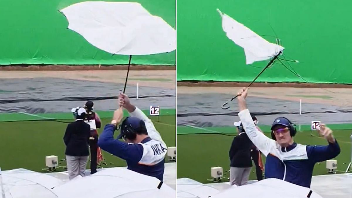 Neeru Dhanda's Coach Peter Wilson Destroys Umbrella In Celebration After Indian Shooter's Gold Medal Winning Shot At Asian Games 2026 | VIDEO