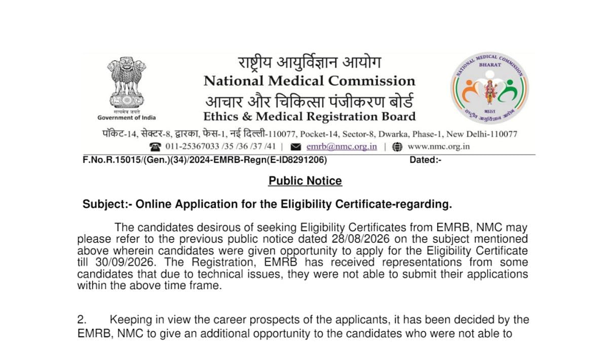 NMC Reopens Eligibility Certificate Application Window; Candidates Can Apply Till October 7
