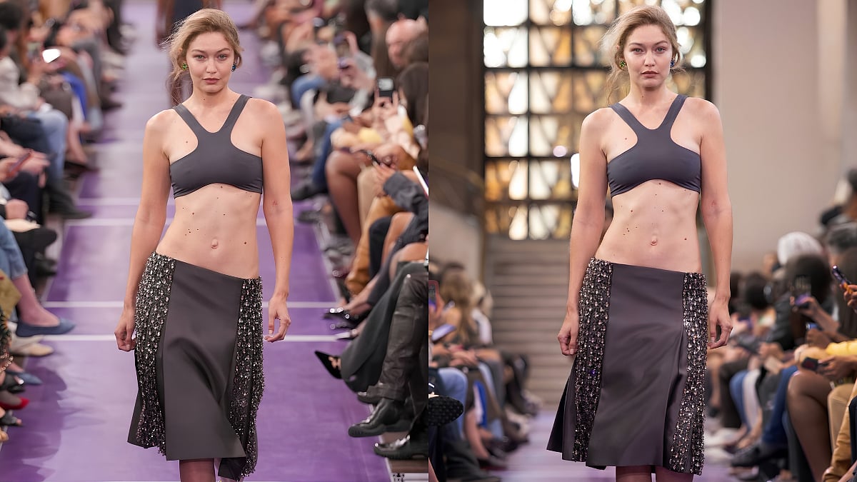 Supermodel Gigi Hadid Makes Miu Miu Runway Debut In Sports Brassière And Low-Slung Skirt At Paris Fashion Week