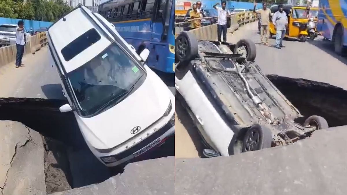 Chennai Road Collapse: Car Plunges Into 10-Foot-Deep Sinkhole Near Tidel Park, Two Escape Unhurt - WATCH