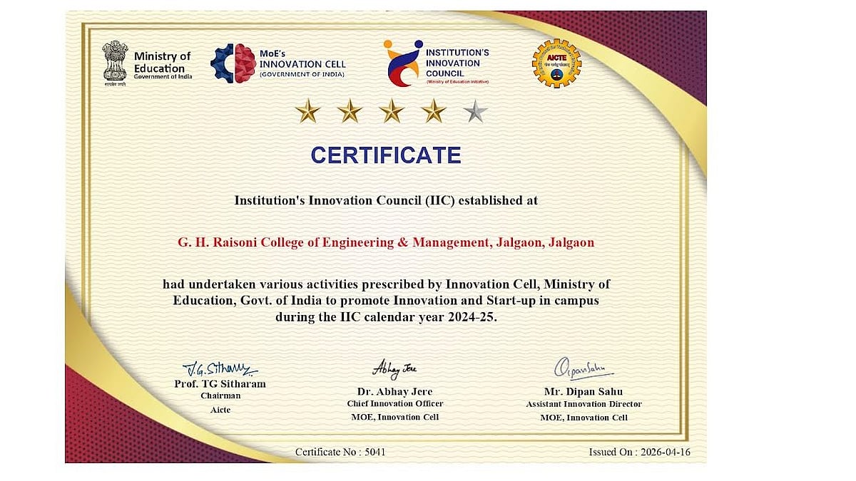 Jalgaon: G. H. Raisoni College Secures Four-Star IIC 7.0 Rating For Innovation, Startups And Entrepreneurship