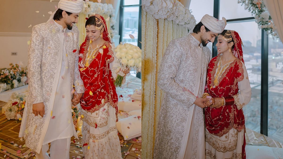 Mr Faisu Marries Tanya In Madinah: Groom Stuns In Embroidered Ivory Sherwani, Bride Wears Red Dupatta With Ivory Sharara