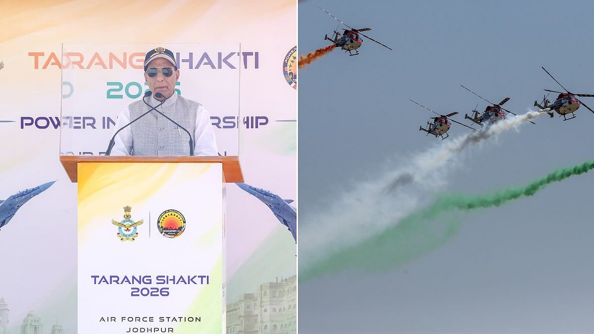 Exercise Tarang Shakti 2026: Rajnath Singh Witnesses Spectacular IAF Fighter Jet Manoeuvres, Sarang And Surya Kiran Aerobatic Displays In Jodhpur | Watch