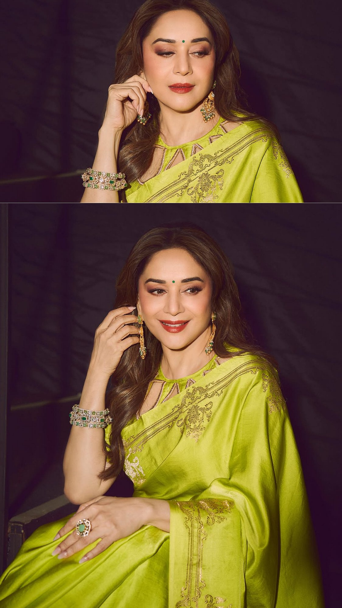 Madhuri Dixit Nene Dazzles in a Gold-Embroidered Lime-Green Silk Saree and Statement Geometric Neckline