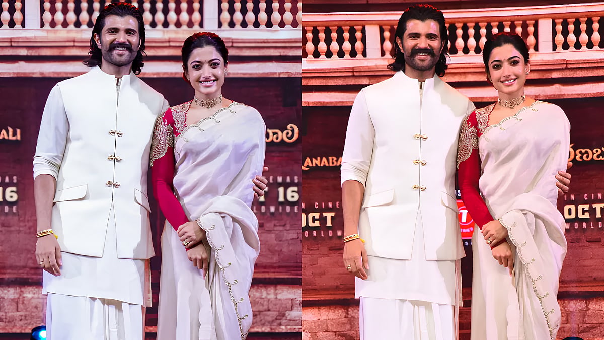 Rashmika Mandanna Looks Every Bit Royal In Ivory Saree, Vijay Deverakonda Complements Her In Bandhgala For Ranabaali Promotions 