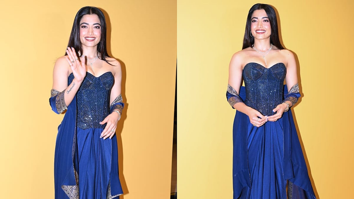 Rashmika Mandanna Dazzles In A Midnight-Blue Crystal-Studded Indian Ensemble At Mumbai Pre-Diwali Bash