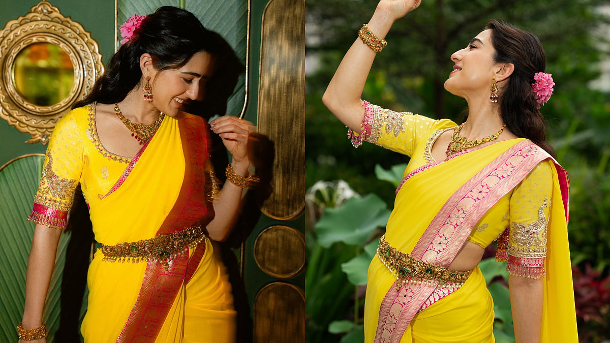 Sara Ali Khan Attends Star-Studded Navratri Celebration In Yellow Saree, Traditional Gold Jewellery