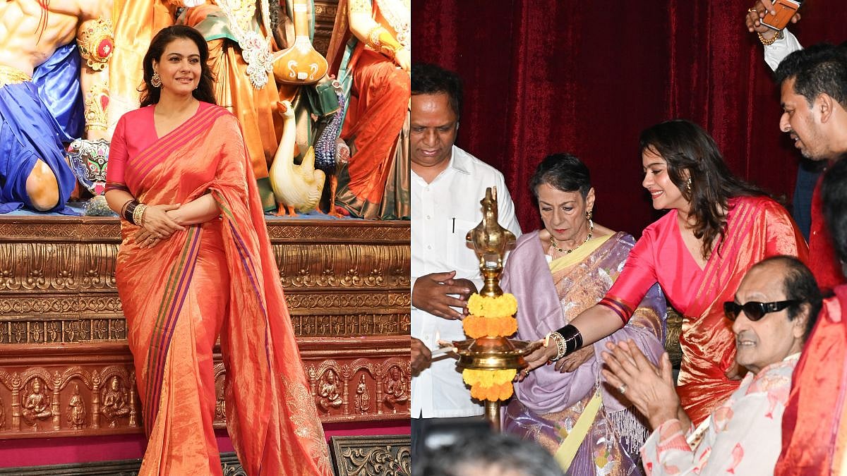 Kajol Unveils Grand Maa Durga In Traditional Red And Orange Silk Saree At Famous 80th North Bombay Sarbojanin Durga Puja