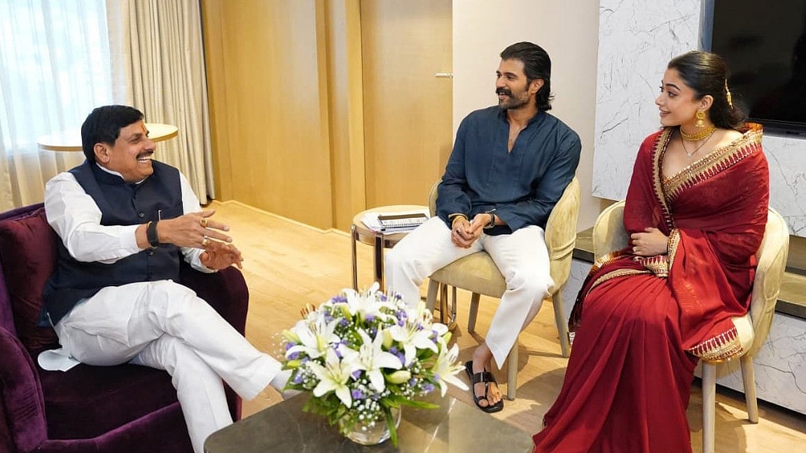 MP CM Mohan Yadav Meets Vijay Deverakonda, Rashmika Mandanna In Vijayawada; Invites Andhra Investors To State