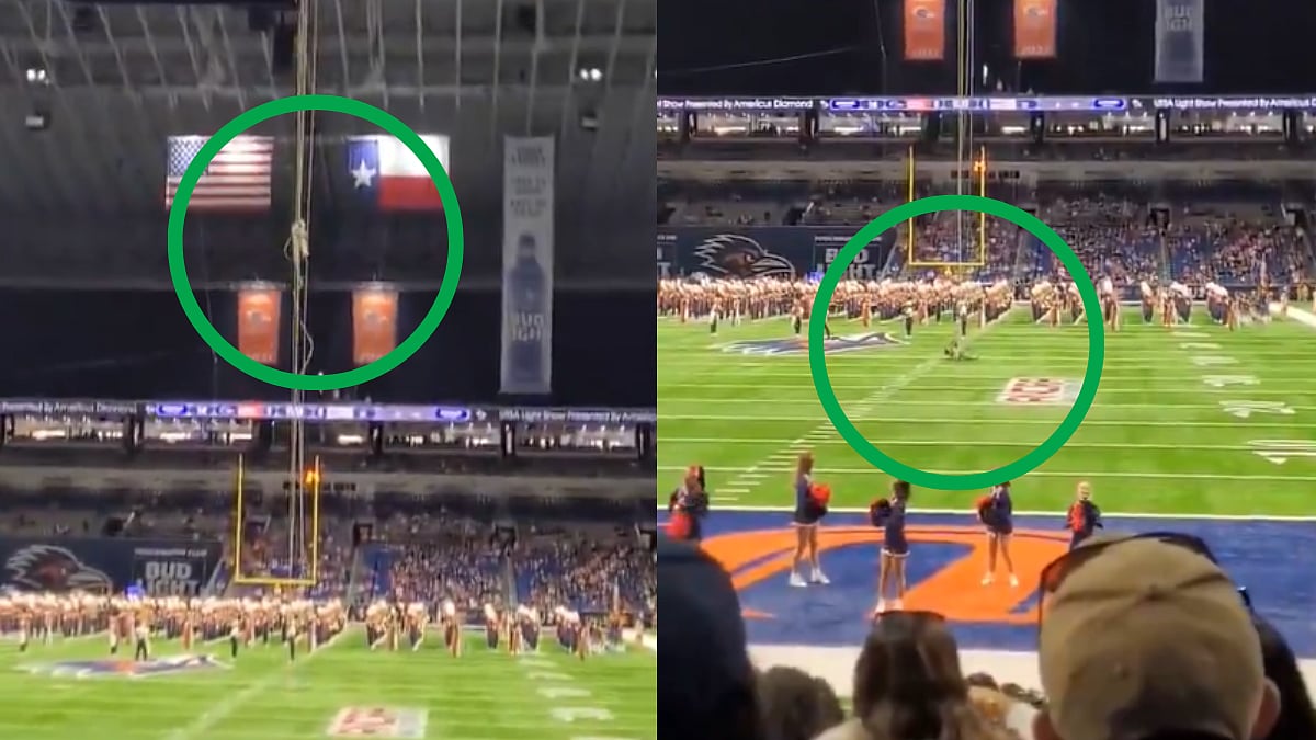 Horrifying Moment! Military Member Falls While Rappelling From Stadium Rafters Before UTSA Game | Video