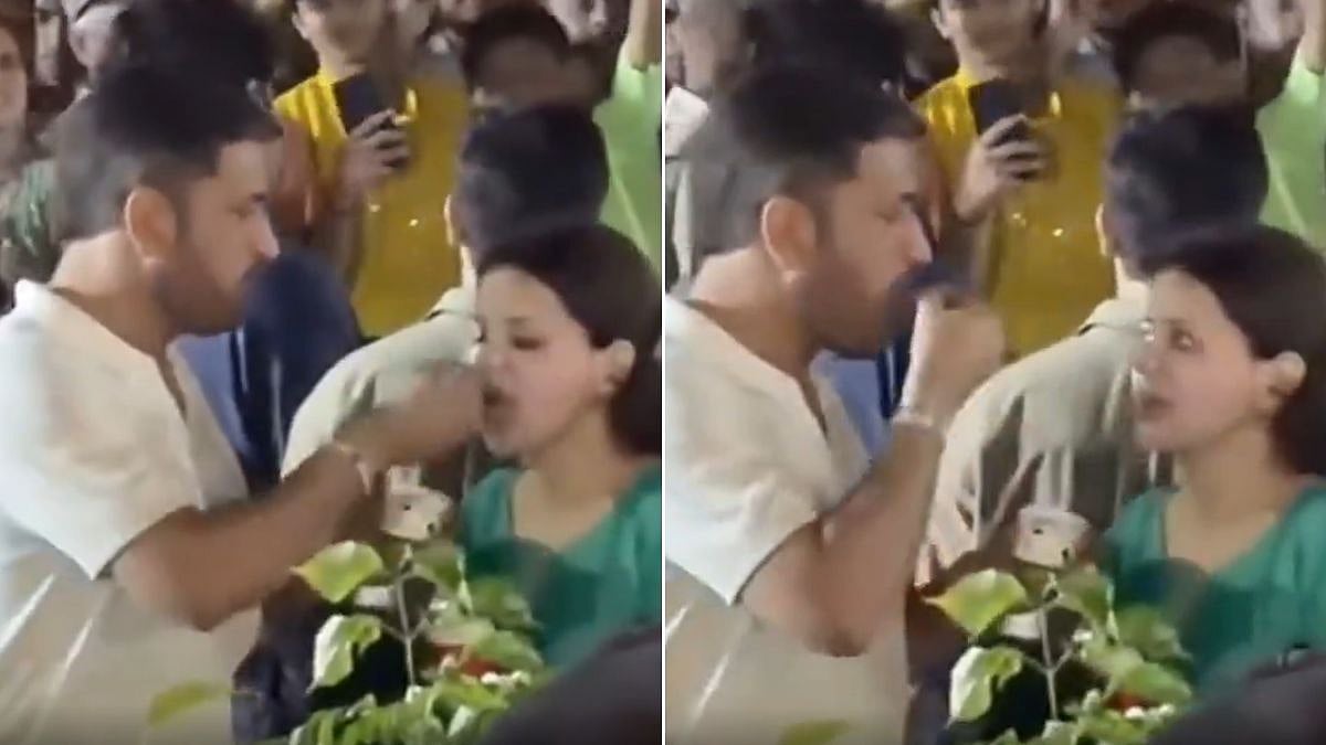 Viral Video Shows MS Dhoni Pulling Ice Cream Prank on Wife Sakshi At Ambani’s Navratri Celebrations