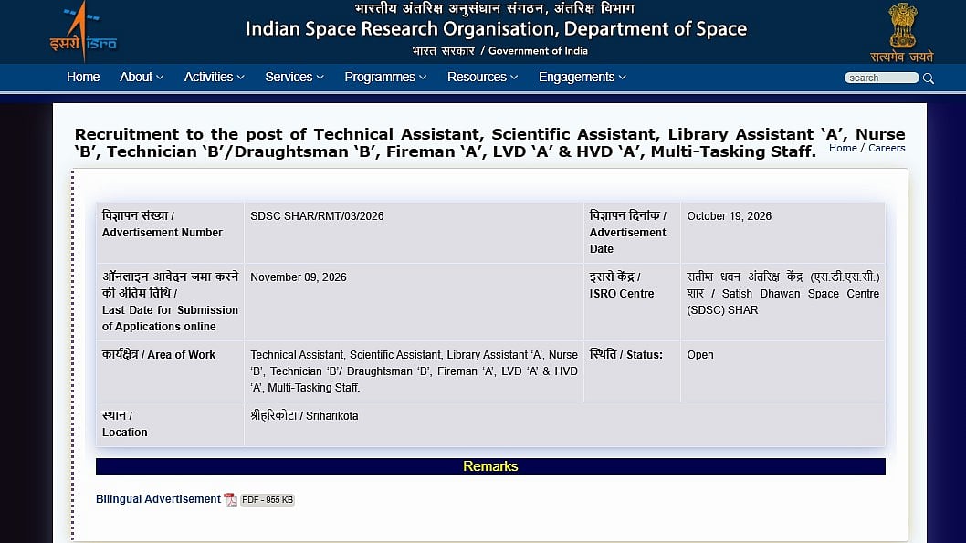 ISRO Recruitment 2026 Notification Out: 97 Vacancies For Technician, Technical Assistant, MTS & Other Posts; Salary Up To ₹1.42 Lakh, Apply At shar.gov.in