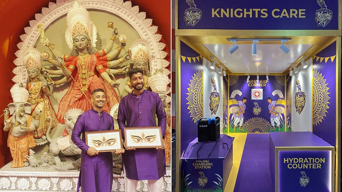 KKR Celebrates Kolkata’s Pujo Spirit With Knights Care Station, Eco-Friendly Pujos As Rahul Tripathi & Saurabh Dubey Go Pandal-Hopping | Watch