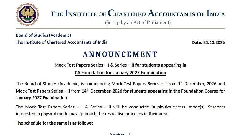 ICAI Announces CA Foundation January 2027 Mock Tests: Series 1 From December 1, Series 2 From December 14