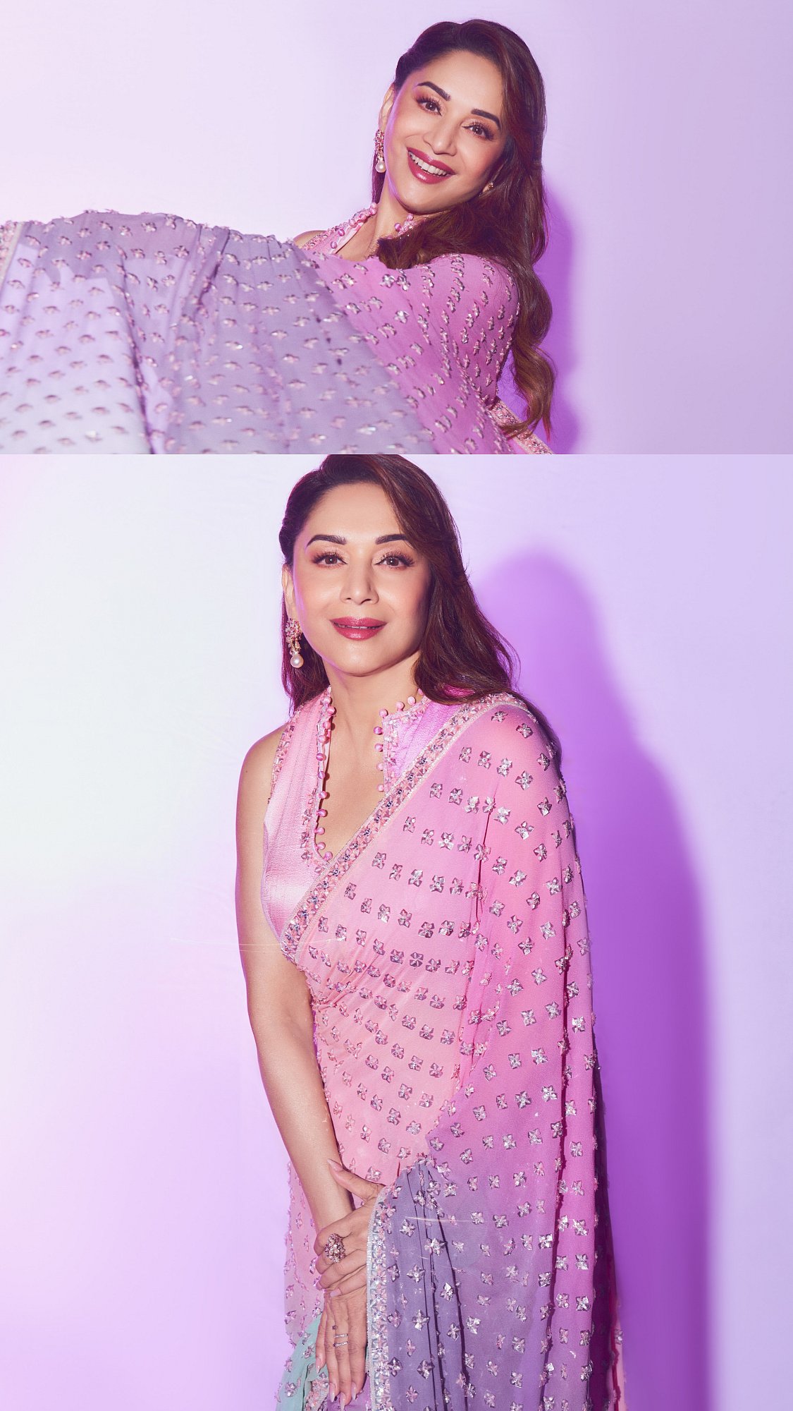 Madhuri Dixit Redefines Cocktail Chic In A Shimmering Saree And Ruffled Collar Blouse Look, 'Not Ageing At All,' React Netizens