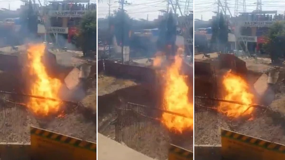 Massive Fire Breaks Out After PNG Gas Pipeline Bursts During Metro Work In Bhopal; Flames Rise 10 Feet High | VIDEO