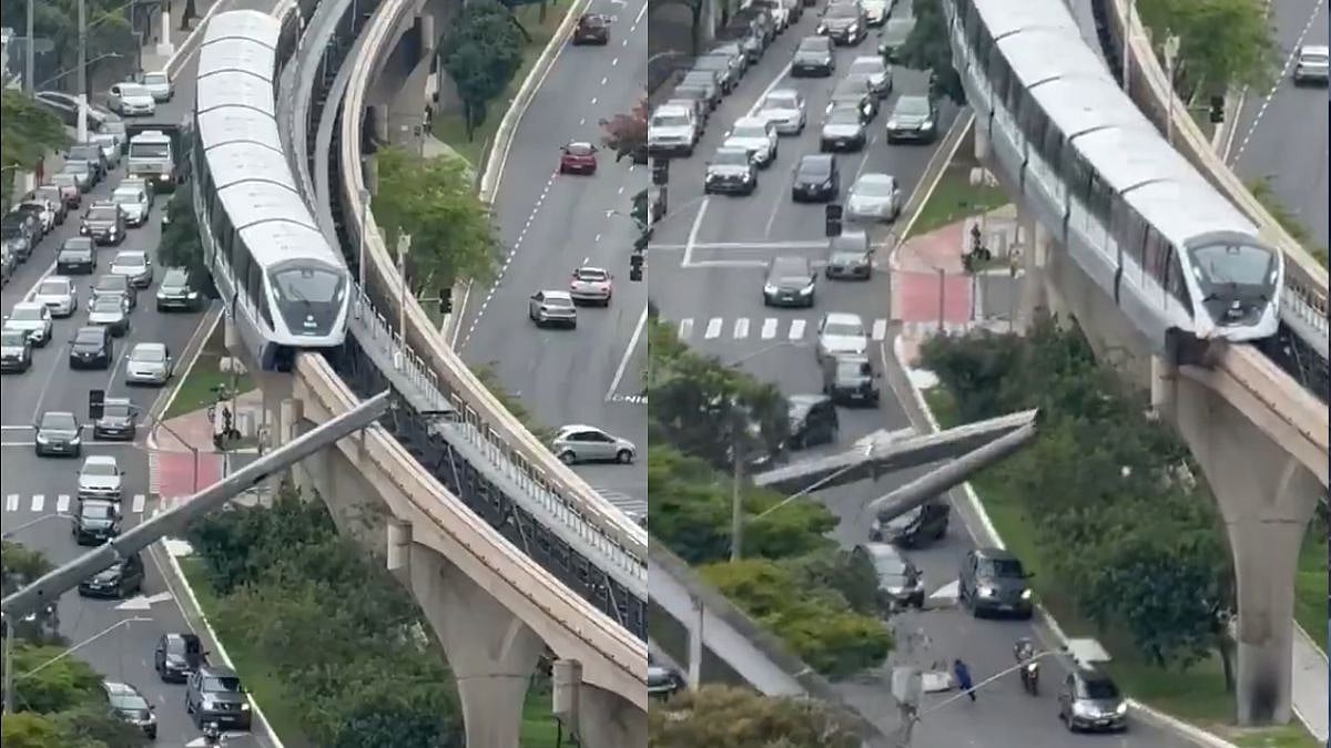 São Paulo Monorail Train Crashes Into Fallen Crane, Debris Falls Onto Busy Road; Operator Injured - VIDEO