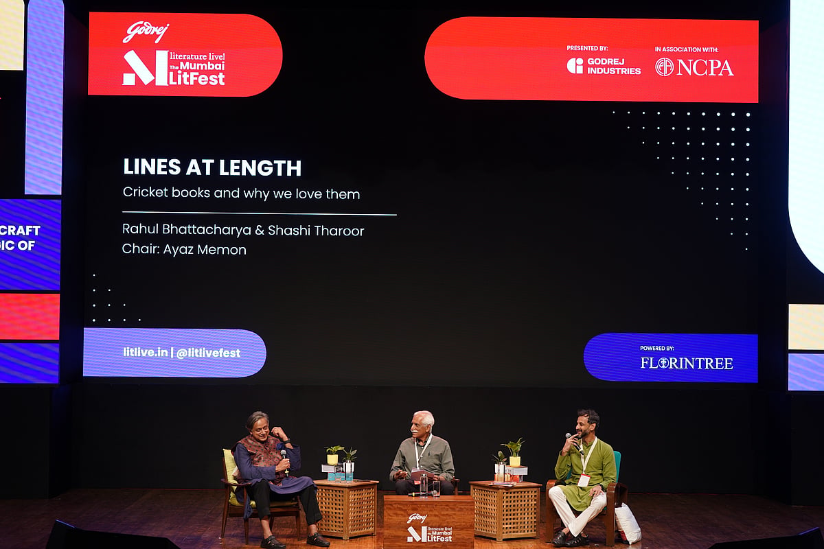 Shashi Tharoor and Rahul Bhattacharya with Ayaz Menon at Mumbai LitFest 2026