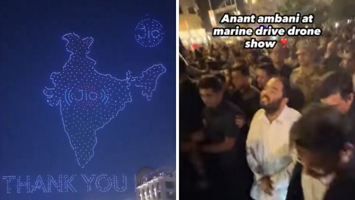 Mumbai’s Skyline Lights Up With Spectacular Drone Show At Marine Drive Celebrating Jio's Stock Market Debut; Anant Ambani Joins Hundreds To Witness Celebration | Watch