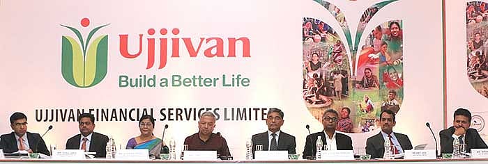 (L to R) Pritish Kandoi- ICICI Securities Limited, Sunil Amin- Kotak Mahindra Capital Company Limited, Sudha Suresh- CFO, Ujjivan Financial Services Limited, Samit Ghosh- Managing Director and CEO, Ujjivan Financial Services Limited, Ittira Davis- Head transition, Ujjivan Financial Services Limited, Jolly Zachariah, COO West, Ujjivan Financial Services Limited, Amit Jain- Axis Capital Limited, Nipun Goel – IIFL Holdings Limited at a press conference to announce the launch of its IPO issue