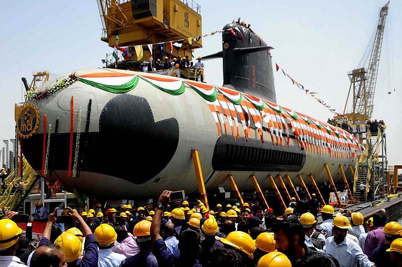 Mumbai: First Scorpene submarine launched today at Mumbai-based Mazgon Docks Ltd (MDL) in presence of Defense Minister Manohar Parrikar. Chief Minister Devendra fadnvis was also present at the occasion. Photo by BL SONI ,