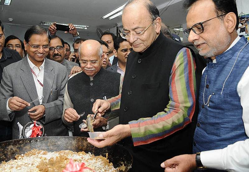 Union Minister for Finance Arun Jaitley at the halwa ceremony to mark the commencement of budget printing process for Union Budget 2018. PTI Photo/ PIB