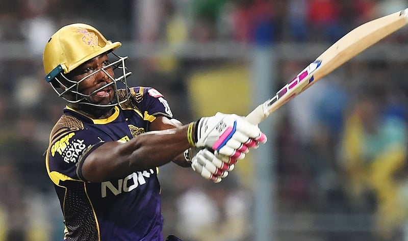 Andre Russell plays a shot during the 2018 IPL match . / AFP PHOTO / Dibyangshu SARKAR / GETTYOUT